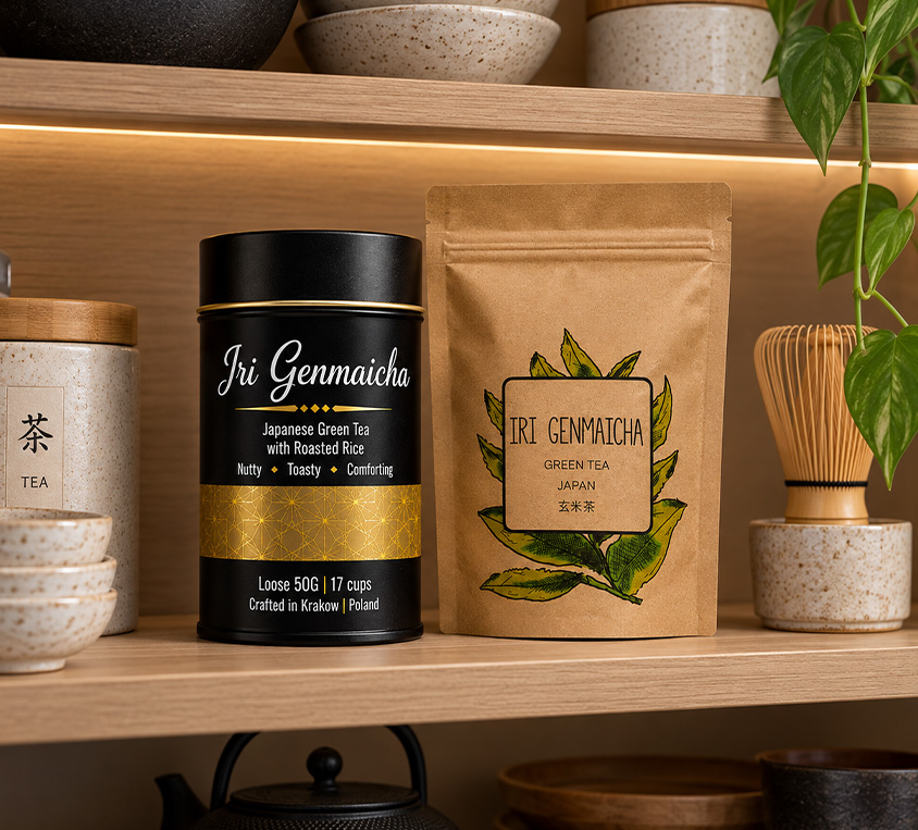 Iri Genmaicha Leo Tea – warianty opakowań: metalowa puszka, doypack i kubek tekturowy